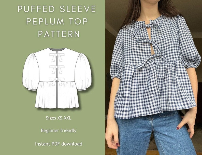 Puffed Sleeve Peplum Top Sewing Pattern: Front Tie Blouse (XS-XXL) (Digital Download)