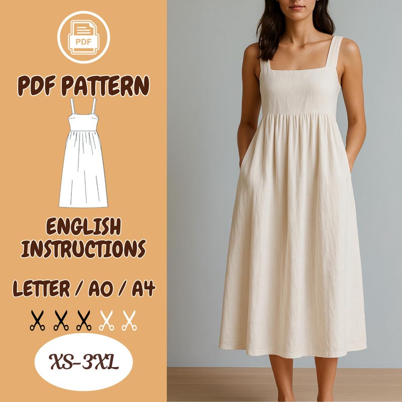 Linen Midi Dress Sewing Pattern Square Neck Summer Dress PDF Sewmint.com Linen Midi Dress Sewing Pattern Square Neck Summer Dress PDF Sewmint.com