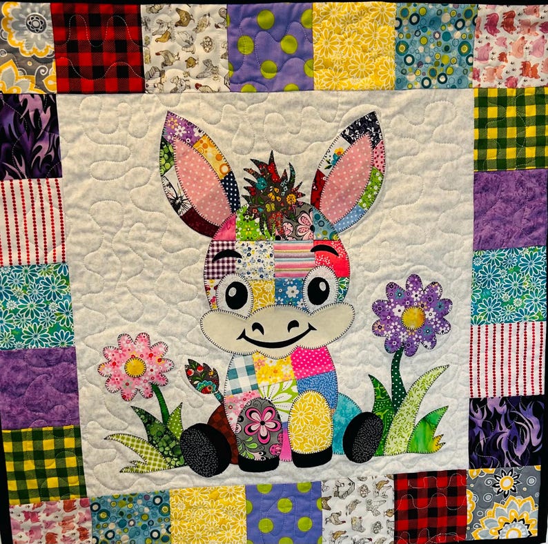 Patchwork Donkey Quilt Pattern PDF – Baby Blanket & Wall Hanging Applique Farm Design